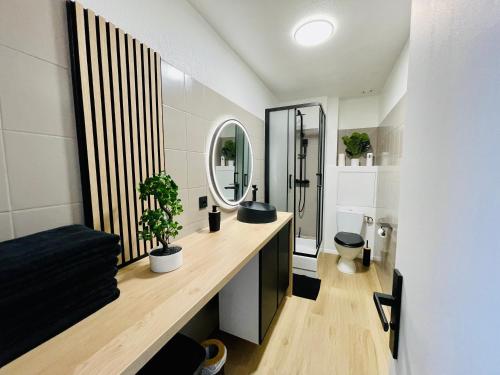 a bathroom with a vanity with a mirror and a sink at Le bohème in Noisseville