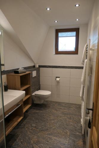 a bathroom with a toilet and a sink and a window at Ferienwohnung Schaffenrath in Kaltenbach