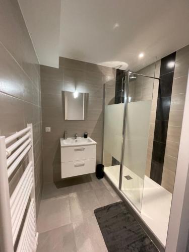 a bathroom with a glass shower and a sink at Gîtes de Cohuta in Montfort-sur-Meu