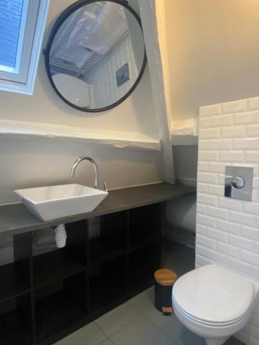 W łazience znajduje się umywalka, lustro i toaleta. w obiekcie 2 pièces les écuries du château w mieście Bonnelles