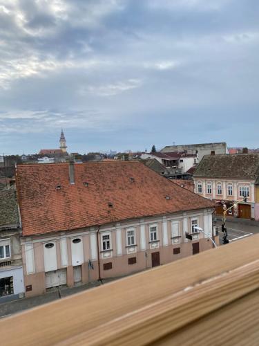 ein Gebäude mit rotem Dach auf einer Stadtstraße in der Unterkunft Vlasic Apartmani CENTAR in Vršac