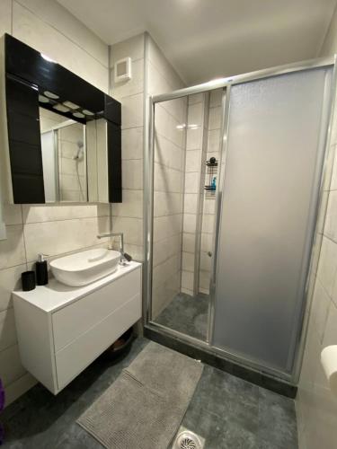 y baño con ducha, lavabo y espejo. en Vlasic Apartmani CENTAR, en Vršac