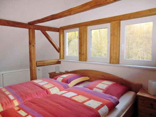 una camera con un letto e tre finestre di Ferienhaus Felseneck Harz a Neuwerk