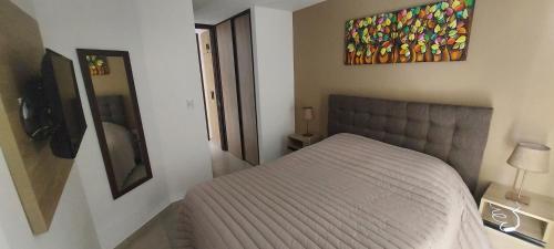 1 dormitorio con 1 cama y una pintura en la pared en Centro Carlos Paz 1 dormitorio en Villa Carlos Paz