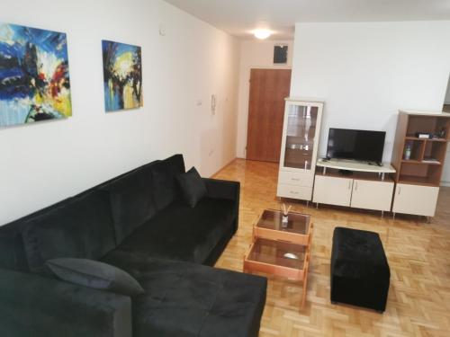 sala de estar con sofá negro y TV en 007 Apartments - TC Global, Strumica, Macedonia, en Strumica