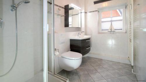 a bathroom with a toilet and a sink and a shower at Gaestehaeuser-Heidehof-Wohnung-4 in Süderhöft