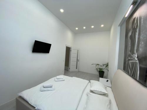 リヴィウにあるGalicia apartmentsの白い部屋(ベッド1台、薄型テレビ付)
