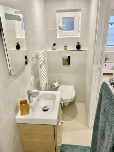 une salle de bain blanche avec un lavabo et des toilettes dans l'établissement Studio proche de Paris, Versailles et La Défense, à Chaville