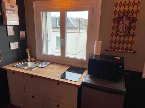 d'une cuisine avec un comptoir, un évier et une fenêtre. dans l'établissement Harry Potter - Dans la peau d'un sorcier - 168, à Rouen