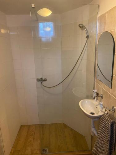 a bathroom with a shower with a sink and a mirror at Aparmánový byt v centre Banskej Bystrice & free parking in Banská Bystrica