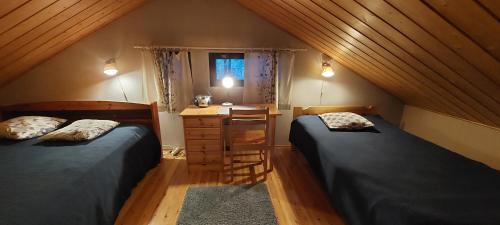 a attic bedroom with two beds and a desk at Kuosto ja Luppo in Äkäslompolo