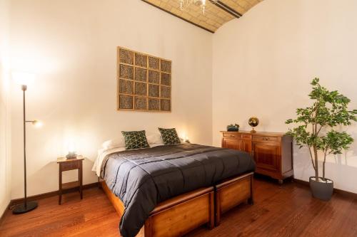 Un dormitorio con una cama y una planta en maceta. en Majestic Trastevere, en Roma