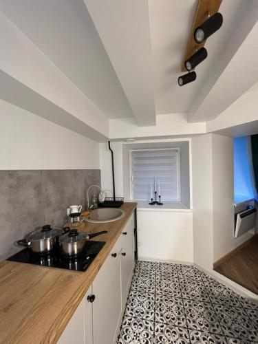 a kitchen with a sink and a stove top oven at GREEN Apartment in Rīga