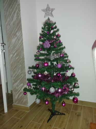 a christmas tree with purple and silver ornaments at Vila Bella Mia in Timotijevići