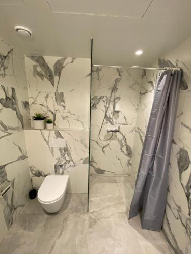 een badkamer met een toilet en een douche bij Lux Studio HOTEL in Keyla