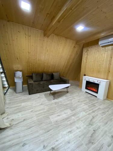 a living room with a couch and a fireplace at Green Villa Resort White in Dilijan