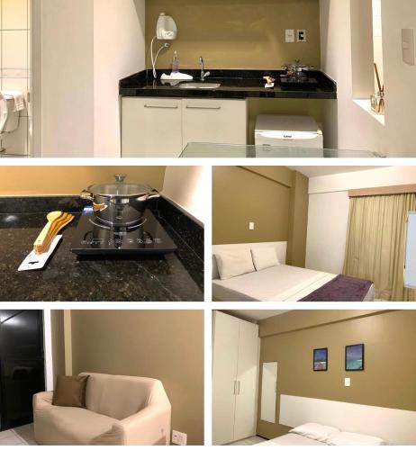 a collage of four pictures of a kitchen and a living room at Biarritz temporadalitoranea in São Luís