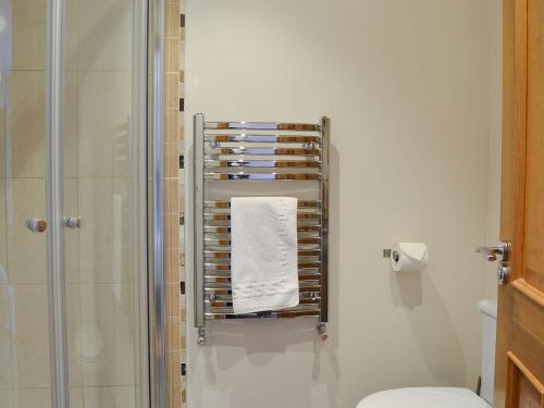 a bathroom with a shower and a towel rack at Riccal Heads in Lastingham