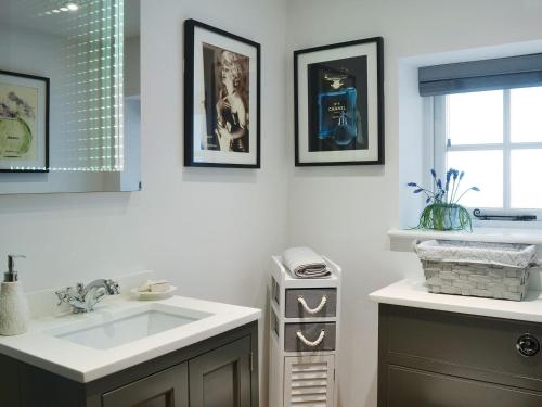 a bathroom with a sink and some pictures on the wall at Manor Cottage in Nymet Tracey