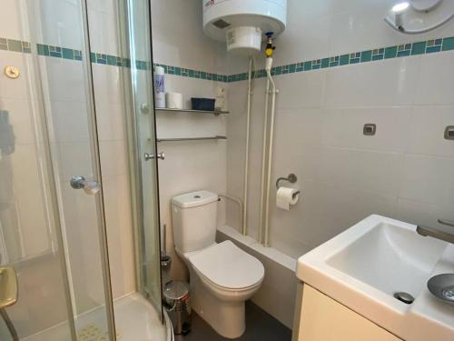 une salle de bain avec toilettes, douche et lavabo dans l'établissement Studio en Bord de Mer, 4 Couchages, Parking Privé, Près des Commodités et Parc Aqualand - FR-1-81-577, au Barcarès