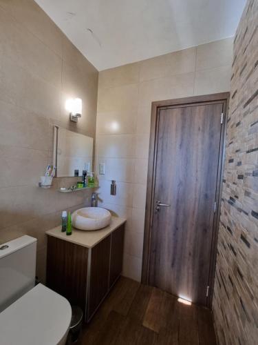 a bathroom with a toilet and a wooden door at Mosaic villa by the sea in Protaras