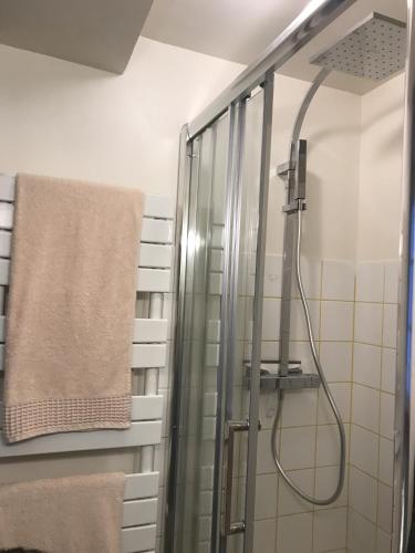 La salle de bains est pourvue d'une douche et d'une serviette murale. dans l'établissement La plus petite maison de pêcheur de Trouville-sur-mer, à Trouville-sur-Mer