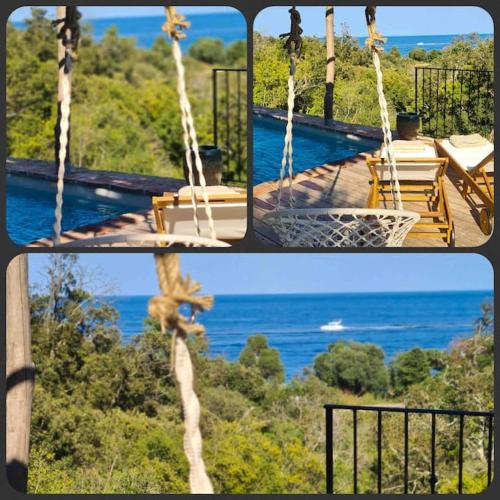three pictures of a swing with a view of the ocean at Villa Falcone marinu ***** in Kamiesch