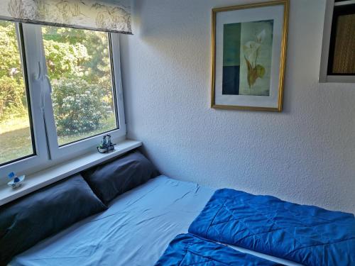 ein Schlafzimmer mit einem Bett und zwei Fenstern in der Unterkunft Kleine Ferienwohnung am Strand in Kühlungsborn in Kühlungsborn