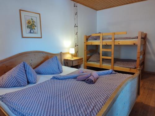 1 Schlafzimmer mit einem Bett mit 2 Etagenbetten in der Unterkunft Grundnerhof in Arriach