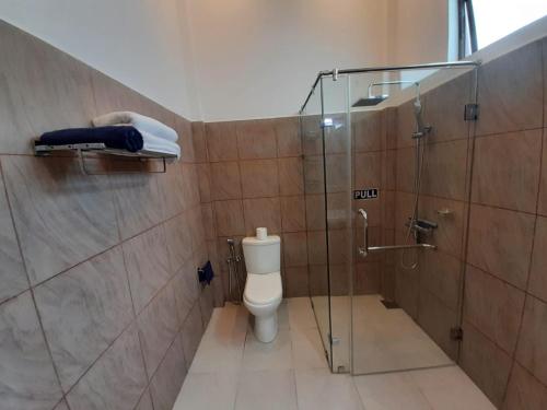 a bathroom with a glass shower and a toilet at MARGOSA MOUNTAIN VILLA in Galewela