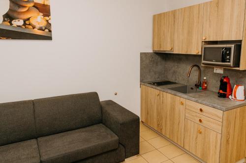 a living room with a couch and a microwave at Fatrapark 2, Ap217 in Ružomberok