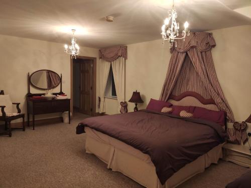 een slaapkamer met een groot bed en een spiegel bij Ballylawn Lodge in Letterkenny