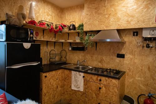 La cuisine est équipée d'un réfrigérateur noir et d'un évier. dans l'établissement casinha do corvo, à Fátima