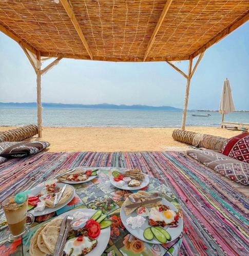 a table with plates of food on the beach at Mermaid camp in Nuweiba