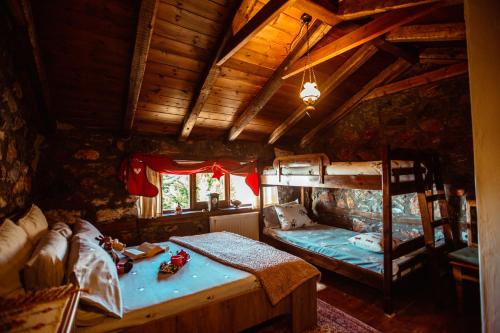 sypialnia z 2 łóżkami piętrowymi w kabinie w obiekcie E L chalet. A cosy mountain retreat. w mieście Palaios Agios Athanasios