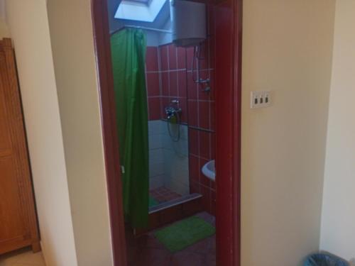 a bathroom with a shower with a glass door at Kuca Veljovica in Belgrade