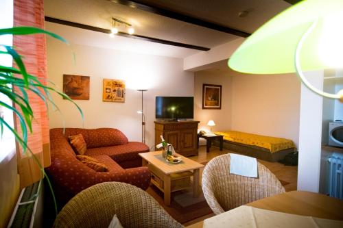 a living room with a couch and a tv at Ferienapartments Schnibbe in Bad Lauterberg