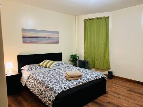 a bedroom with a bed and a green curtain at 20 Min to Manhattan New 3 Bed 1 Bath None smoked in Bronx