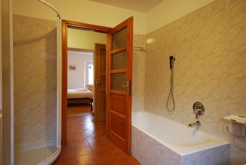 ボルミオにあるCasa Bellottiのバスルーム(バスタブ、シャワー、シンク付)