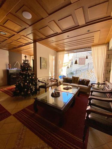 a living room with a christmas tree and a couch at Marianna's Home Accommodation in Karpenision