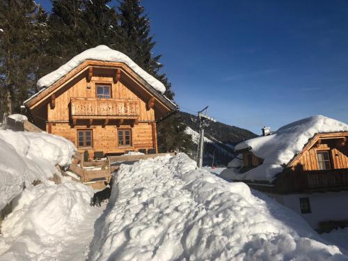 a log cabin is covered in snow at Bergdorf Riesner in Donnersbachwald