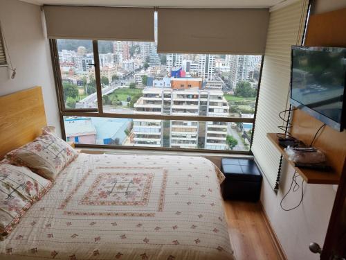 um quarto com uma cama e uma grande janela em Delpino Propiedades Sector Casino em Viña del Mar