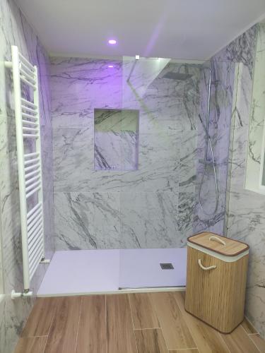 a bathroom with a marble shower with a trash can at Appartamenti Mascagni in Sannicandro di Bari