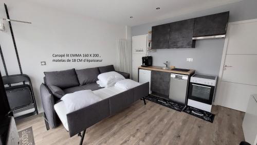 a living room with a couch and a kitchen at Update Location in Lanester