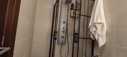 una doccia in bagno con un asciugamano sul muro di studyo at high flat a Istanbul