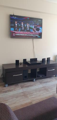 TV de pantalla plana en la pared de la sala de estar. en Mono Villegas 1 en San Carlos de Bariloche