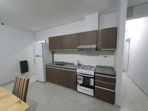 een keuken met een fornuis en een koelkast bij DEPARTAMENTO AMOBLADO PARQUE SAN VICENTE in Godoy Cruz