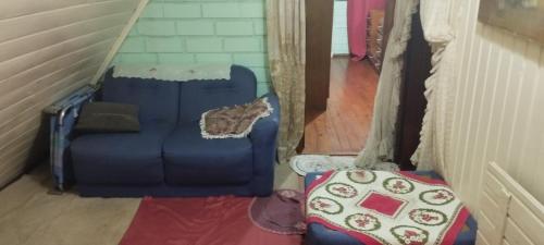 a cat sitting on a blue chair in a room at Pousada Legal in Chapecó