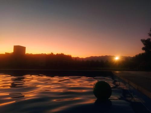 a person sitting in a swimming pool at sunset at Finca La Clementina in Tunuyán