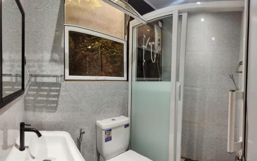 a bathroom with a toilet and a sink and a shower at KPL Holiday Homes in Hatton